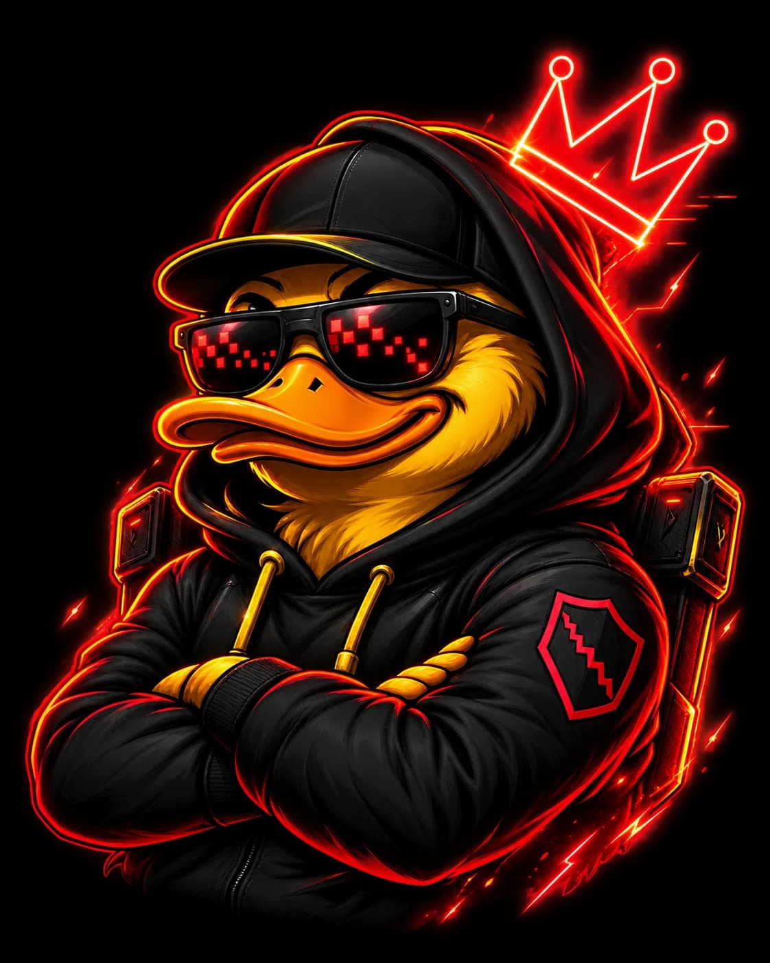 The RektDefender mascot: a hooded duck in an NGMI cap and pixel sunglasses, arms folded, under a neon crown.